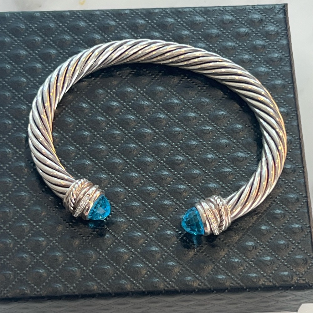 Authentic David Yurman Cable Bracelet with Blue Topaz and Diamonds